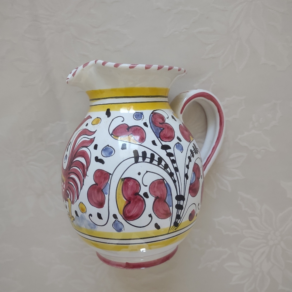 Deruta Italy Majolica Hand Painted Scroll Floral Orvieto Red Rooster Pitcher